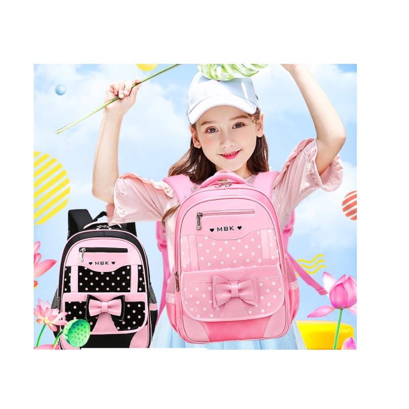 Roze meisjes schooltas met zwarte stippen en strik. Trendy kinderrugzak voor basisschool met comfortabel draagcomfort.