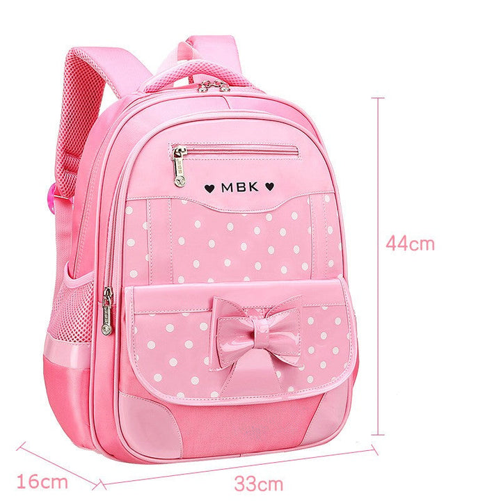 Shelly waterdichte schooltas voor meisjes, roze met stippen en strik. Ideaal voor schoolbenodigdheden, comfortabel en trendy.