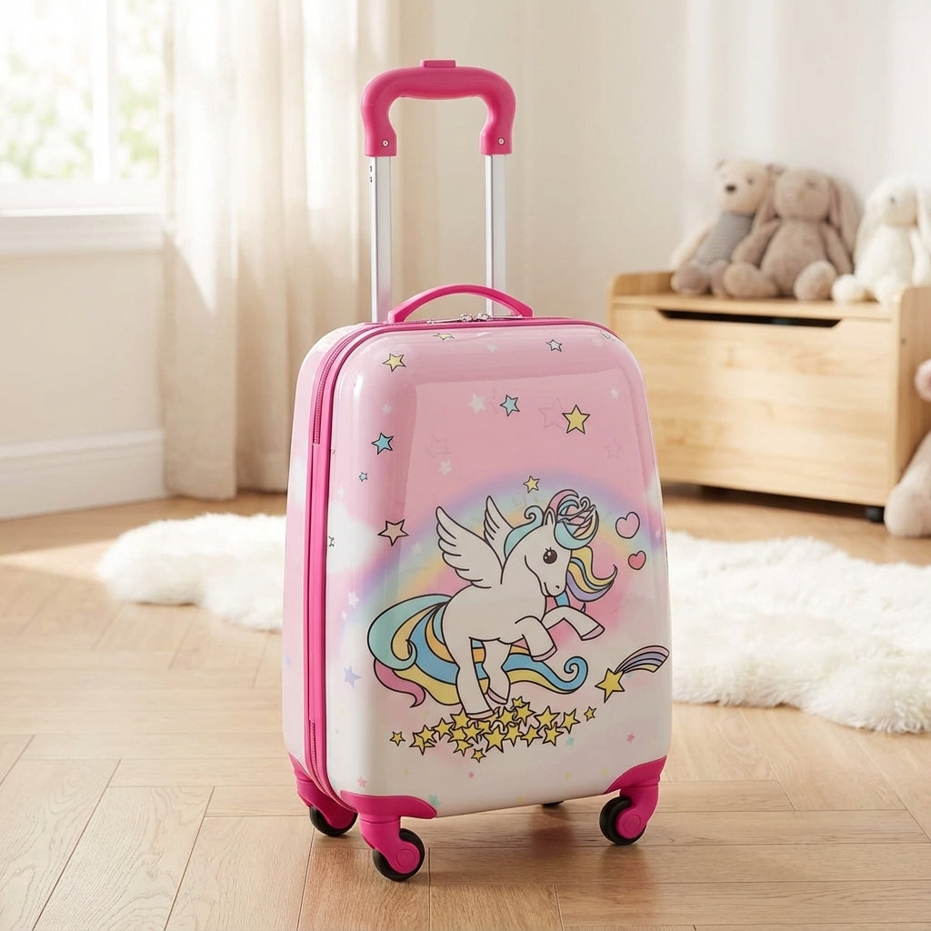 Roze Unispark harde kinderkoffer met wielen en eenhoorn print, ideaal voor meisjes bagage op vakantie.