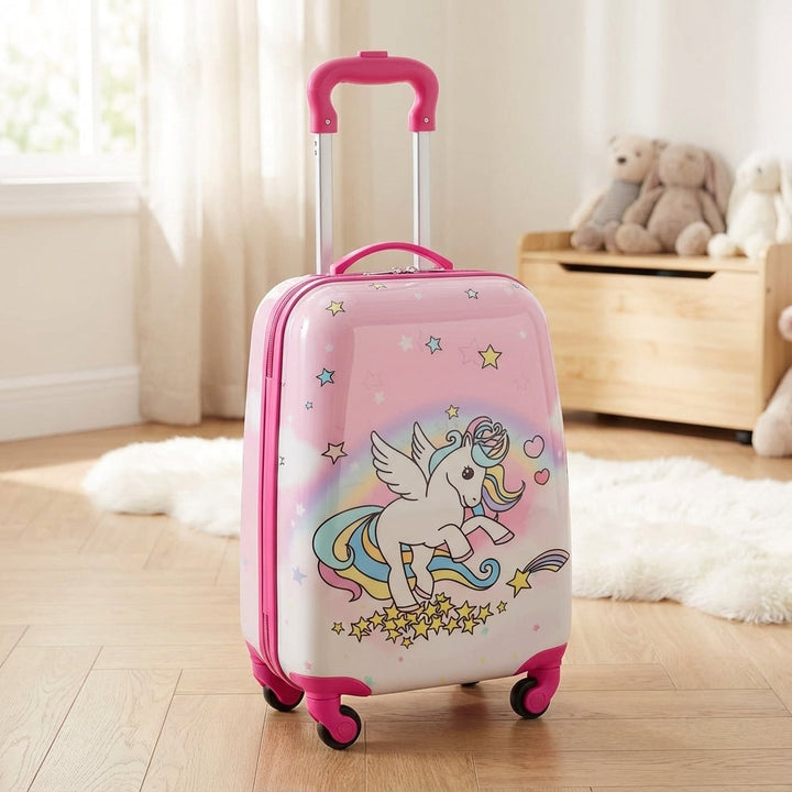 Roze Unispark harde kinderkoffer met wielen en eenhoorn print, ideaal voor meisjes bagage op vakantie.