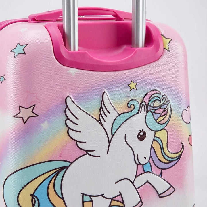 Vrolijke meisjeskoffer roze met eenhoorn, harde schaal en wielen voor kinderreizen en vakantie bagage.