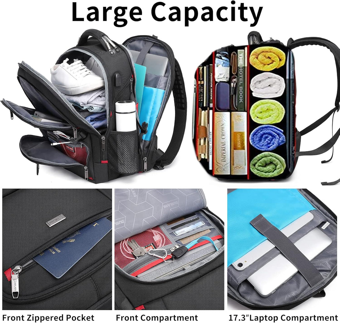 Duurzame waterdichte 50L laptoprugzak met slimme organisatie en USB-poort, ideaal voor lange reizen.
