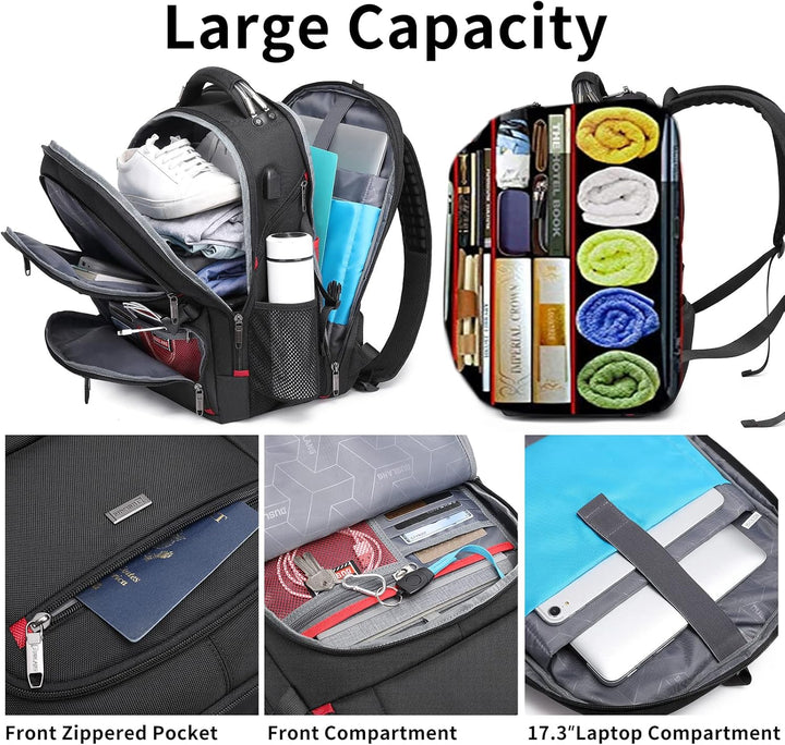 Duurzame waterdichte 50L laptoprugzak met slimme organisatie en USB-poort, ideaal voor lange reizen.