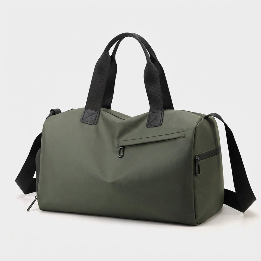 Grote khaki Roamify weekendtas, waterdichte duffeltas voor alle reizen; robuuste unisex bagage.