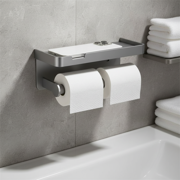 Ruimtebesparende toiletpapierhouder met opbergplank van aluminium, ideaal voor badkamers.