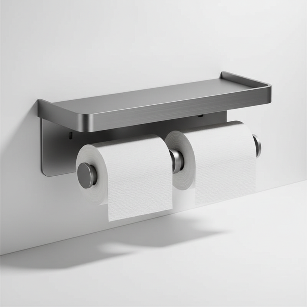 Moderne aluminium wc-rolhouder met handige opbergplank voor je telefoon, wandmontage, ruimtebesparend.