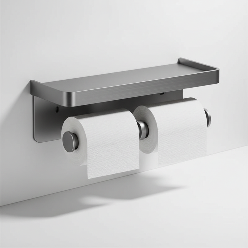 Moderne aluminium wc-rolhouder met handige opbergplank voor je telefoon, wandmontage, ruimtebesparend.