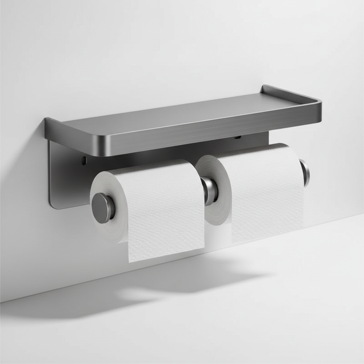 Moderne aluminium wc-rolhouder met handige opbergplank voor je telefoon, wandmontage, ruimtebesparend.