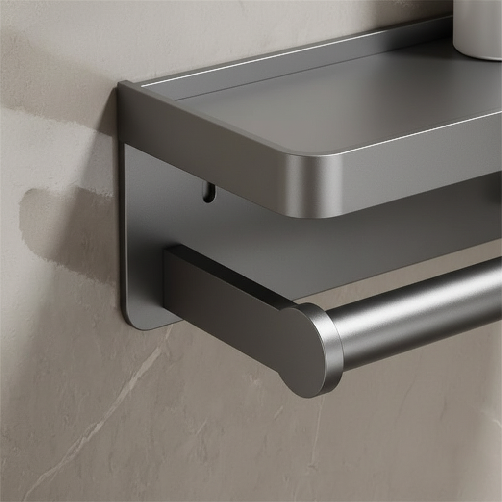 Strakke, moderne aluminium toiletpapierhouder voor wandmontage met extra opbergruimte in de badkamer.