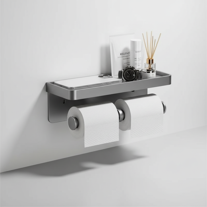 Eenvoudig te monteren wandtoiletpapierhouder van aluminium, met opbergplank; ideaal voor kleine badkamers.