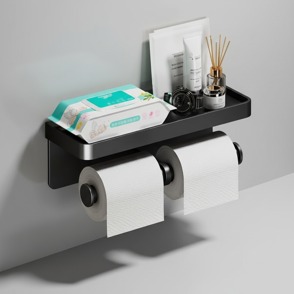 Multifunctionele aluminium toiletpapierhouder met opbergplank en telefoonhouder, perfect voor elke moderne badkamer.