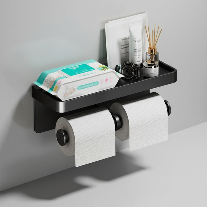 Multifunctionele aluminium toiletpapierhouder met opbergplank en telefoonhouder, perfect voor elke moderne badkamer.