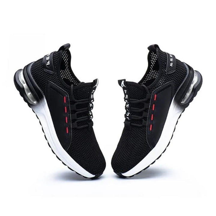 Antislip, ultralichte veiligheidsschoenen voor heren met zwarte stalen neus en ademende mesh voering.