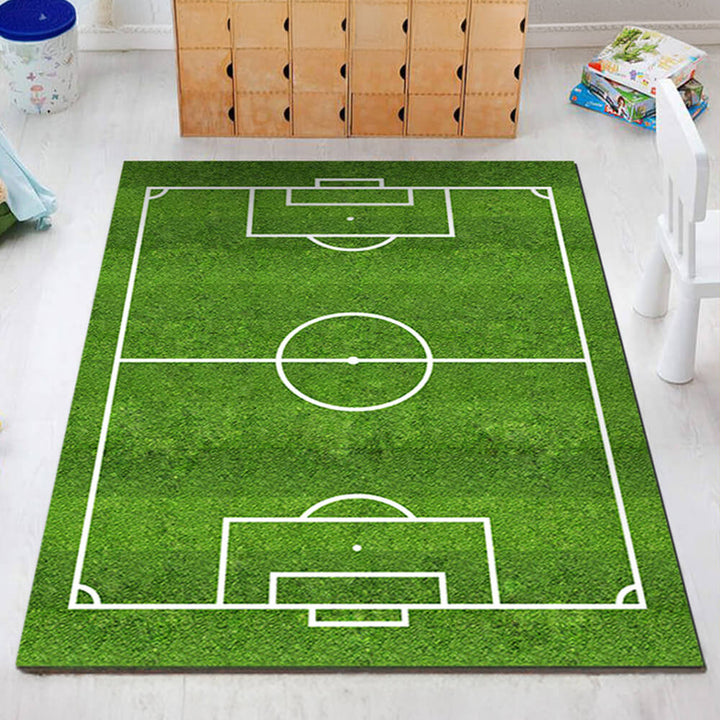 Antislip sporttapijt in voetbaldesign met realistische veldmarkeringen, ideaal voor speelkamers, krasbestendig & duurzaam.