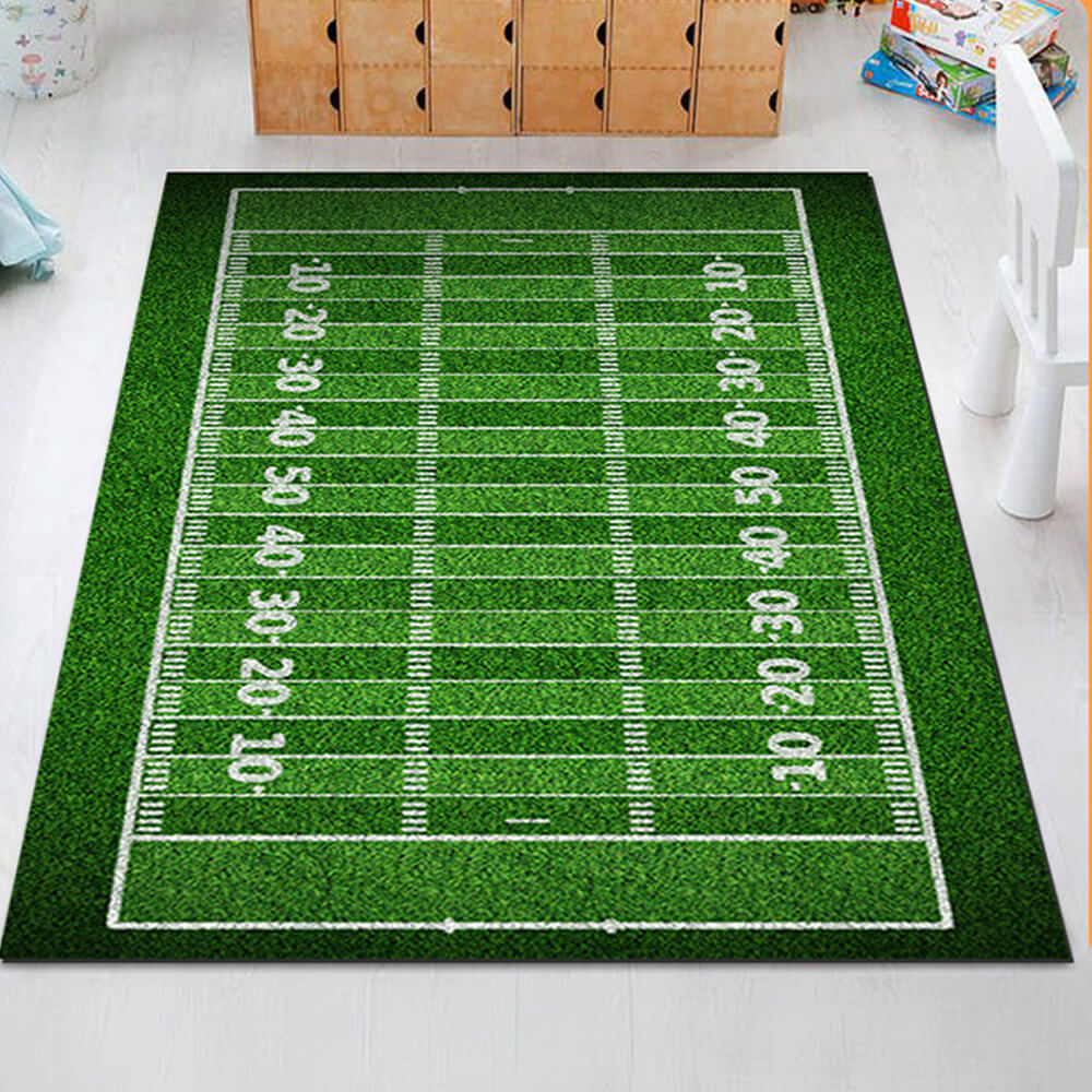 Antislip sporttapijt in voetbaldesign met realistische veldmarkeringen, ideaal voor speelkamers, krasbestendig & duurzaam.