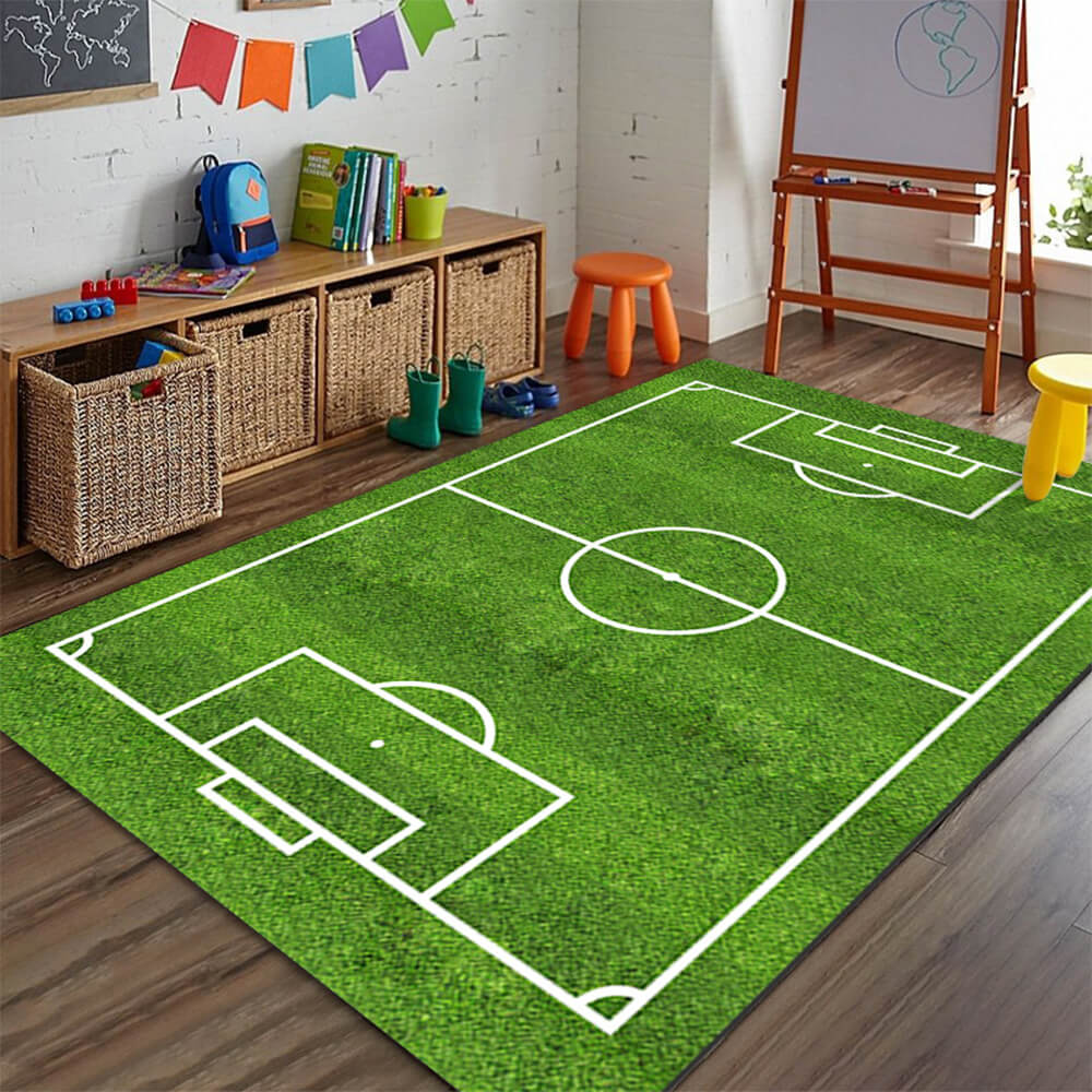 Antislip sporttapijt in voetbaldesign met realistische veldmarkeringen, ideaal voor speelkamers, krasbestendig & duurzaam.