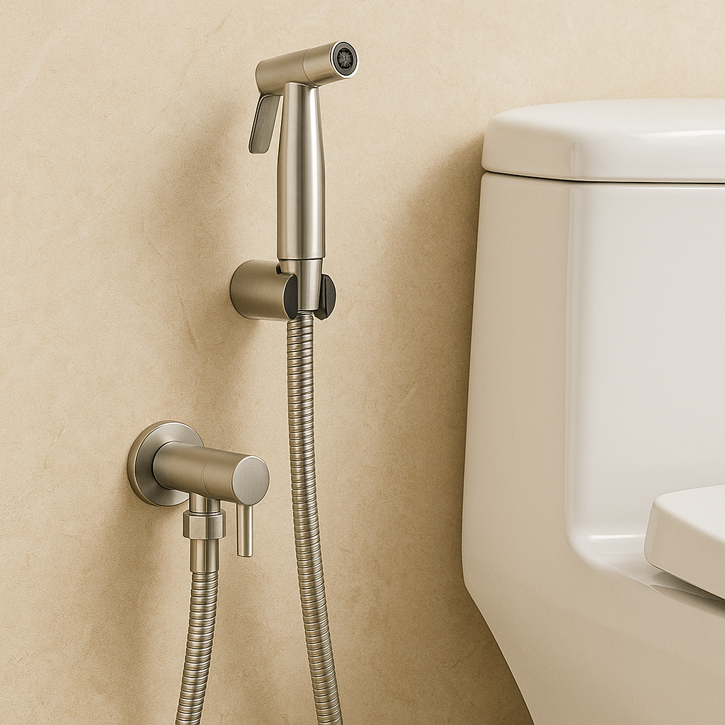 Detail van de RVS bidetsproeier met zwarte hendel en wandhouder, ideaal als hygiënische wc spray.