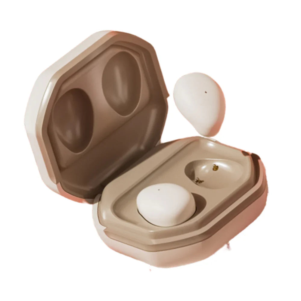 Geluidsisolerende slaap oordopjes in oplaadbox, ergonomisch, beige, voor comfortabele, ongestoorde slaap.