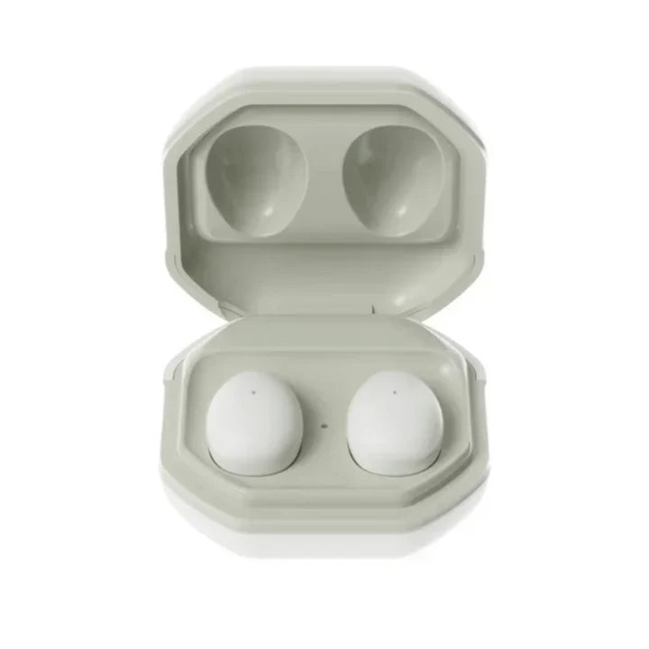 Geluidsisolerende slaap oordopjes in oplaadbox, ergonomisch, beige, voor comfortabele, ongestoorde slaap.