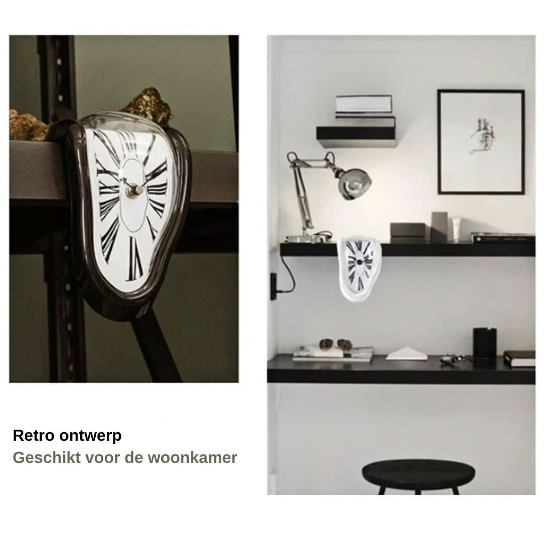 Smeltende decoratieve klok, surrealistisch Salvador Dalí design, gouden en zwarte klok op een plank