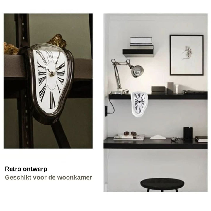 Smeltende decoratieve klok, surrealistisch Salvador Dalí design, gouden en zwarte klok op een plank