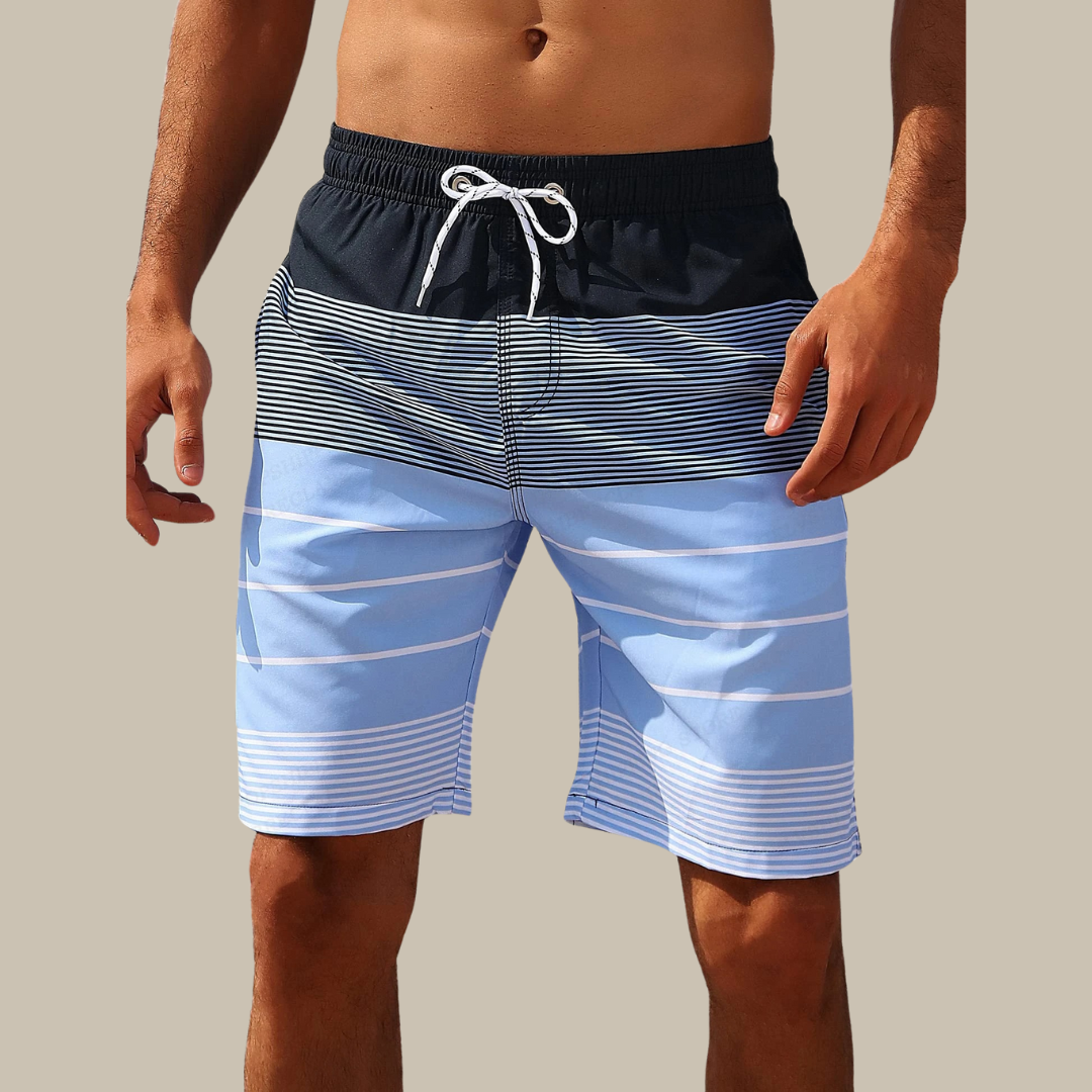 Sneldrogende colour-block zwemshort voor mannen, trendy design, comfortabel, perfect voor strand- of pooldagen.