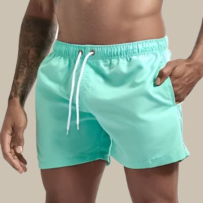 Sneldrogende heren zwemshorts, bruin, elastische taille, tijdloos design, zijzakken, zomerse stijl