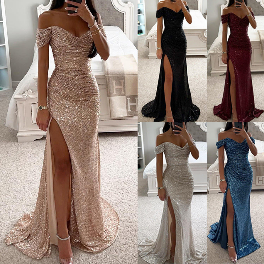 Schitterende off-shoulder avondjurk in champagnekleur voor dames, met een elegant silhouet en hoge split.