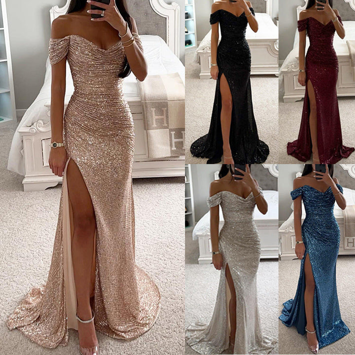 Schitterende off-shoulder avondjurk in champagnekleur voor dames, met een elegant silhouet en hoge split.