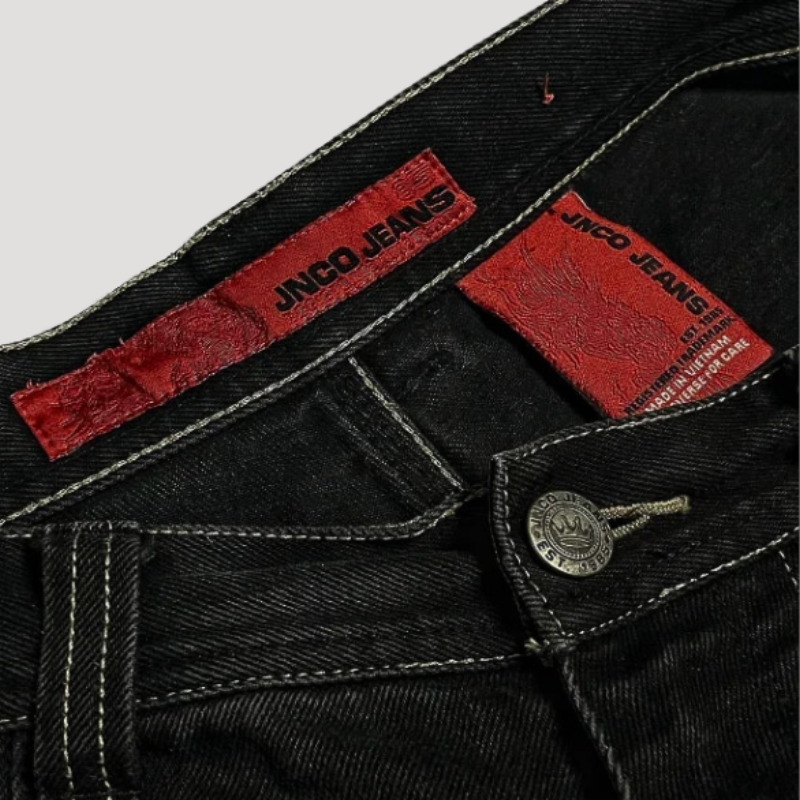 Dames zwarte baggy jeans met hoge taille, retro jaren 90 stijl, casual pasvorm en schedelborduurwerk, stevig denim