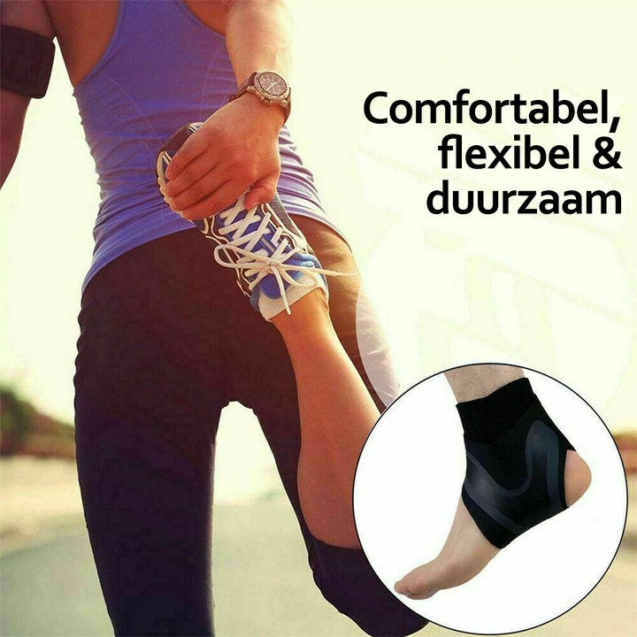 Zwarte enkelbandage voor pijnverlichting en stabiliteit, ergonomisch ontwerp voor sport en dagelijks gebruik.