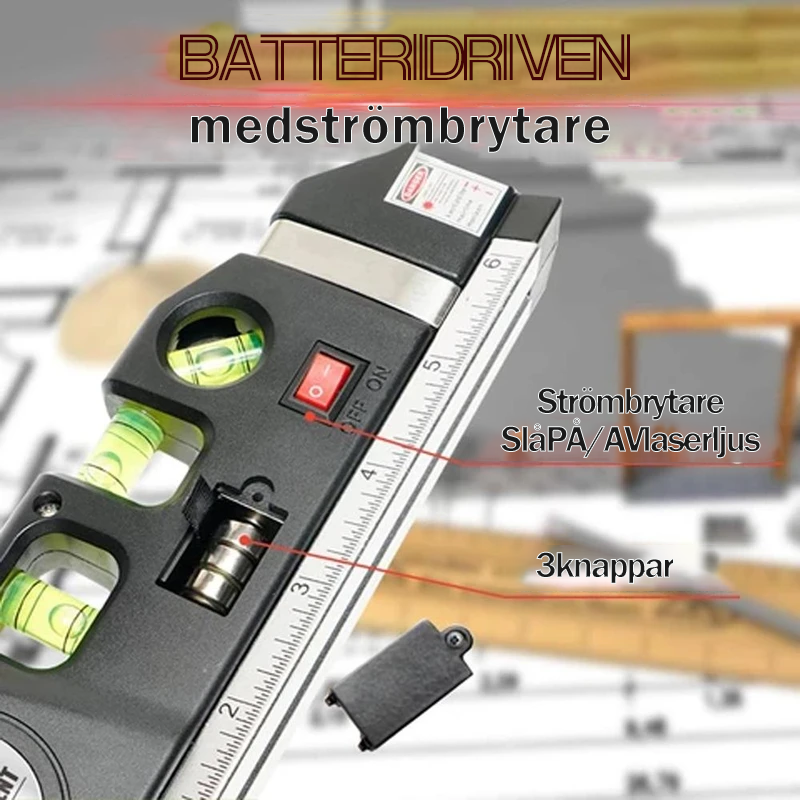 Zwarte multifunctionele laser waterpas met meetlint, libel en laserstraal op een houten achtergrond.