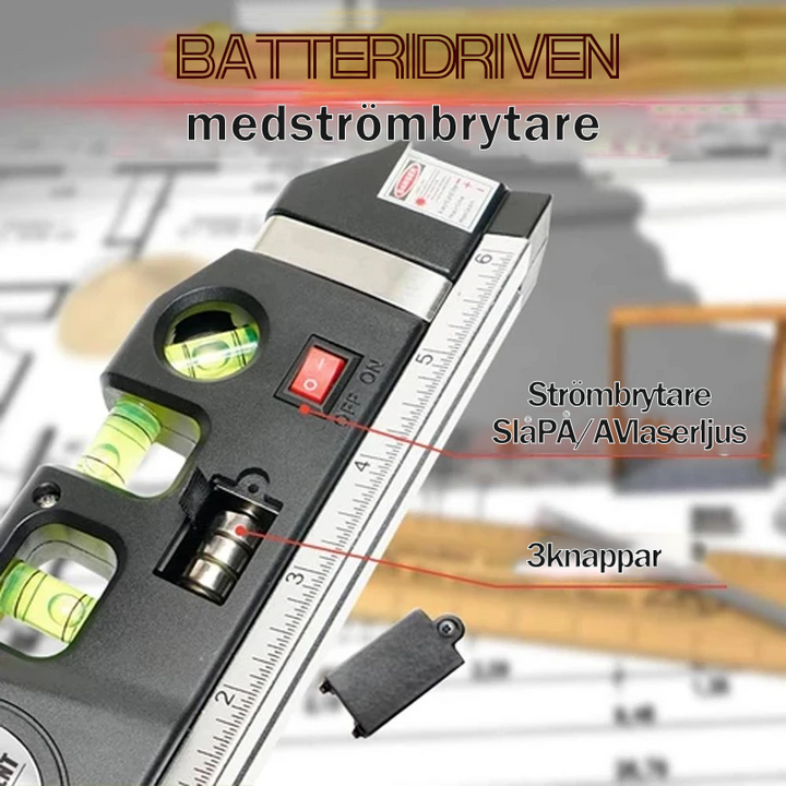 Zwarte multifunctionele laser waterpas met meetlint, libel en laserstraal op een houten achtergrond.