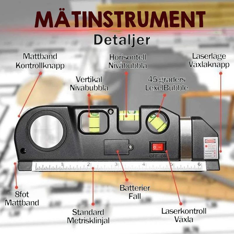 Zwarte multifunctionele laser waterpas met meetlint, libel en laserstraal op een houten achtergrond.