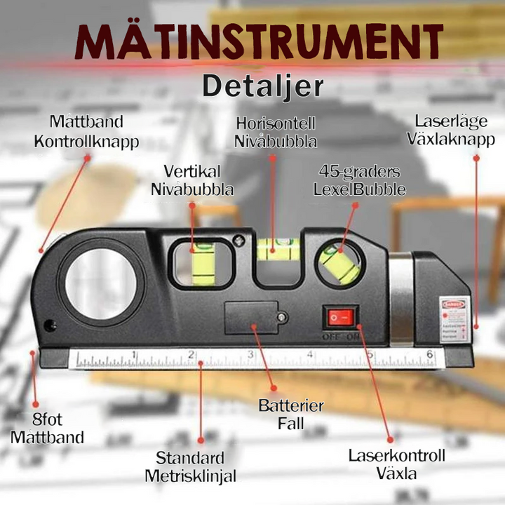 Zwarte multifunctionele laser waterpas met meetlint, libel en laserstraal op een houten achtergrond.