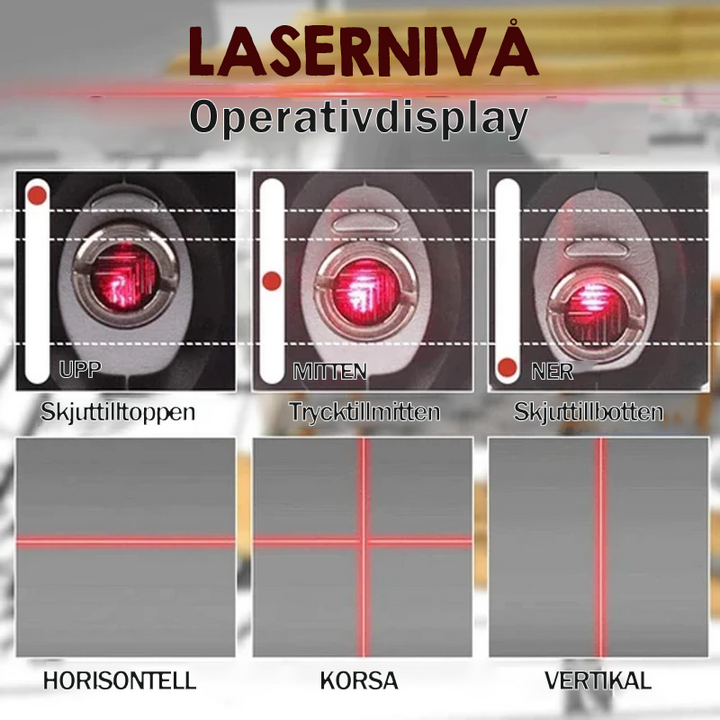 Zwarte multifunctionele laser waterpas met meetlint, libel en laserstraal op een houten achtergrond.