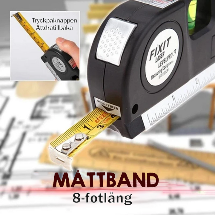 Zwarte multifunctionele laser waterpas met meetlint, libel en laserstraal op een houten achtergrond.