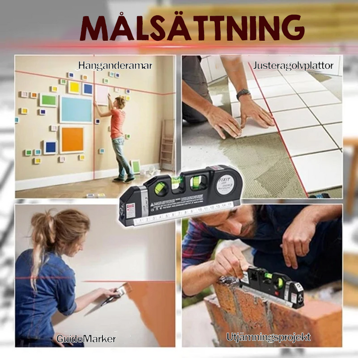 Zwarte multifunctionele laser waterpas met meetlint, libel en laserstraal op een houten achtergrond.