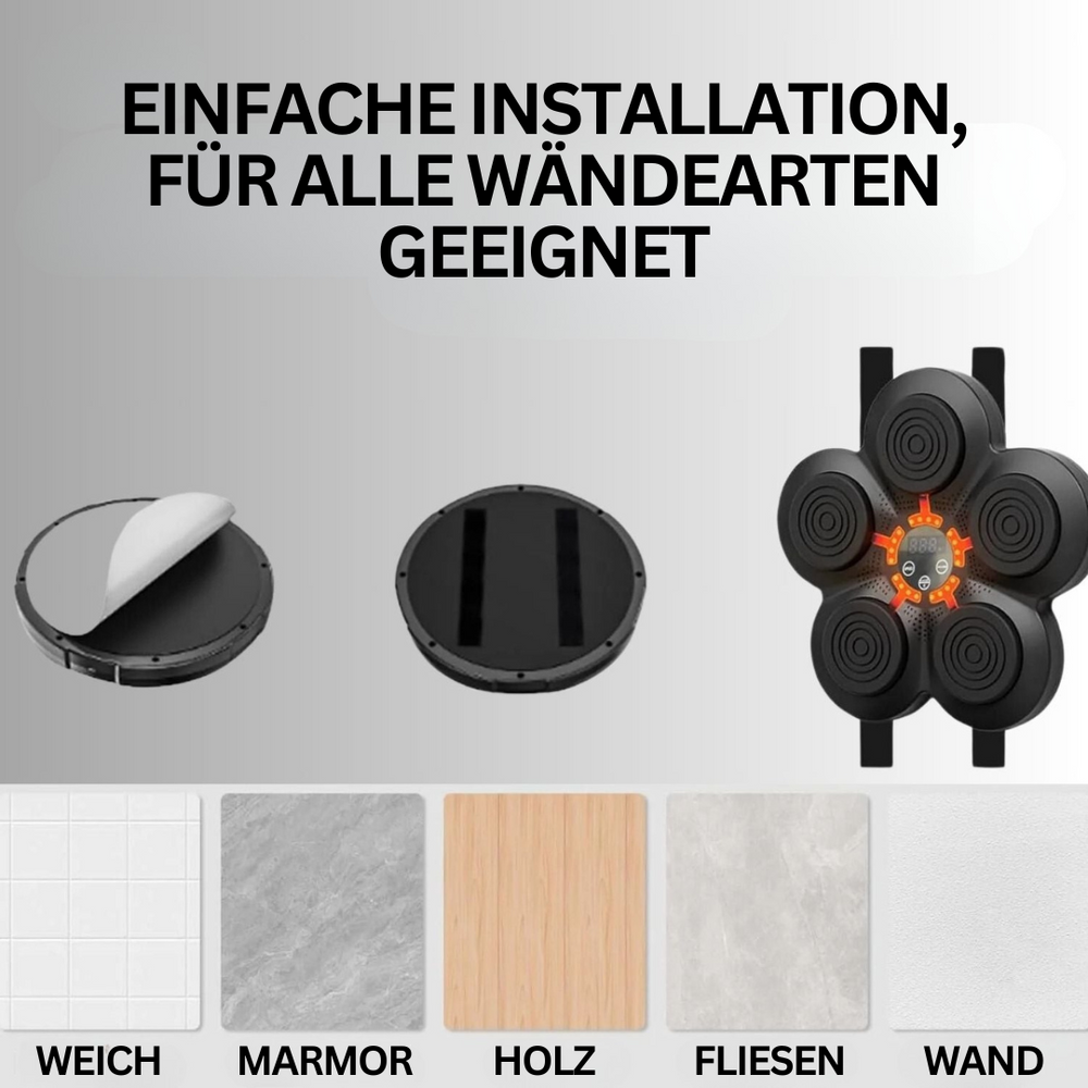 Zwarte Smart Boksmachine met rode handschoenen en sensoren, ideaal voor interactieve bokstraining thuis.