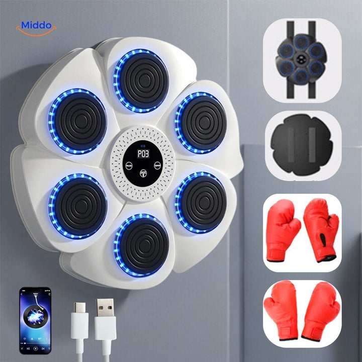 Zwarte Smart Boksmachine met rode handschoenen en sensoren, ideaal voor interactieve bokstraining thuis.