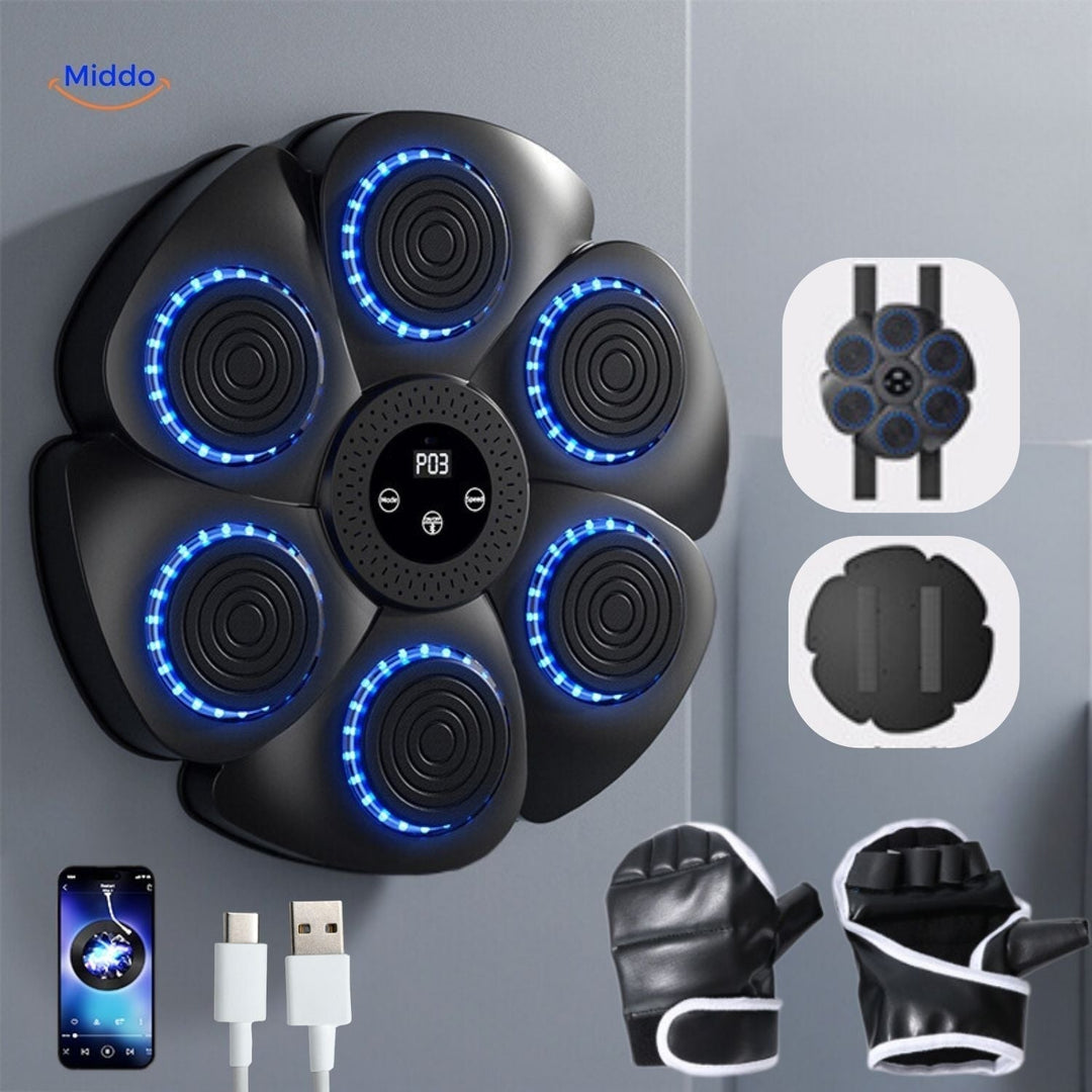 Zwarte Smart Boksmachine met rode handschoenen en sensoren, ideaal voor interactieve bokstraining thuis.