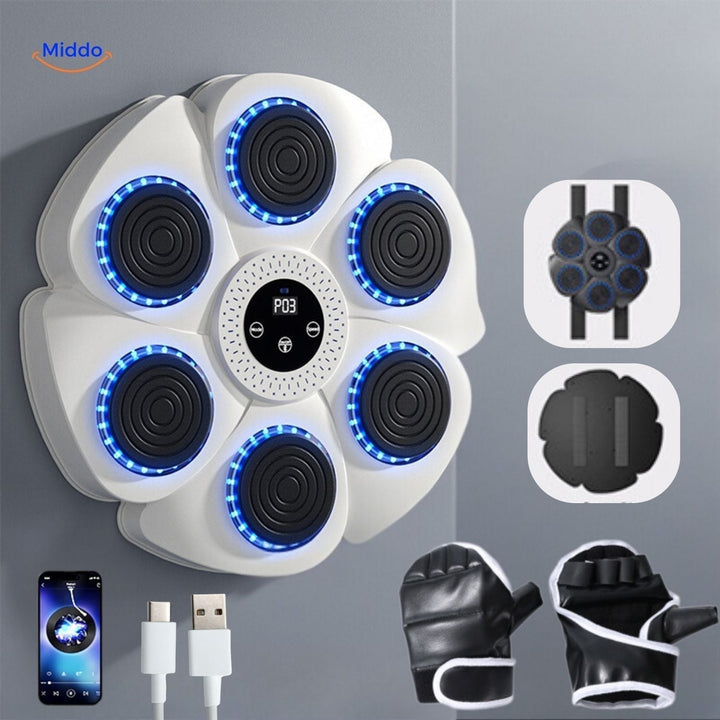 Zwarte Smart Boksmachine met rode handschoenen en sensoren, ideaal voor interactieve bokstraining thuis.