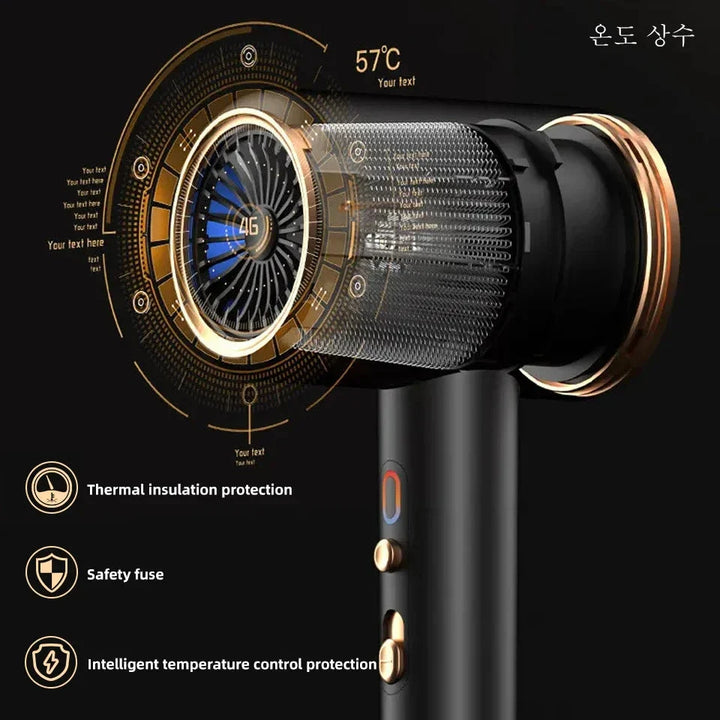 Zwarte 2400W haardroger met ionentechnologie, ergonomische grip en koude/warme luchtfunctie voor professionele styling.
