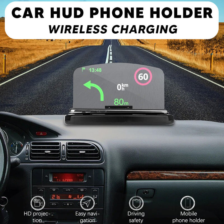 Zwarte auto telefoonhouder met HUD-display en draadloos snel opladen, gemonteerd op het dashboard voor veilig rijden.