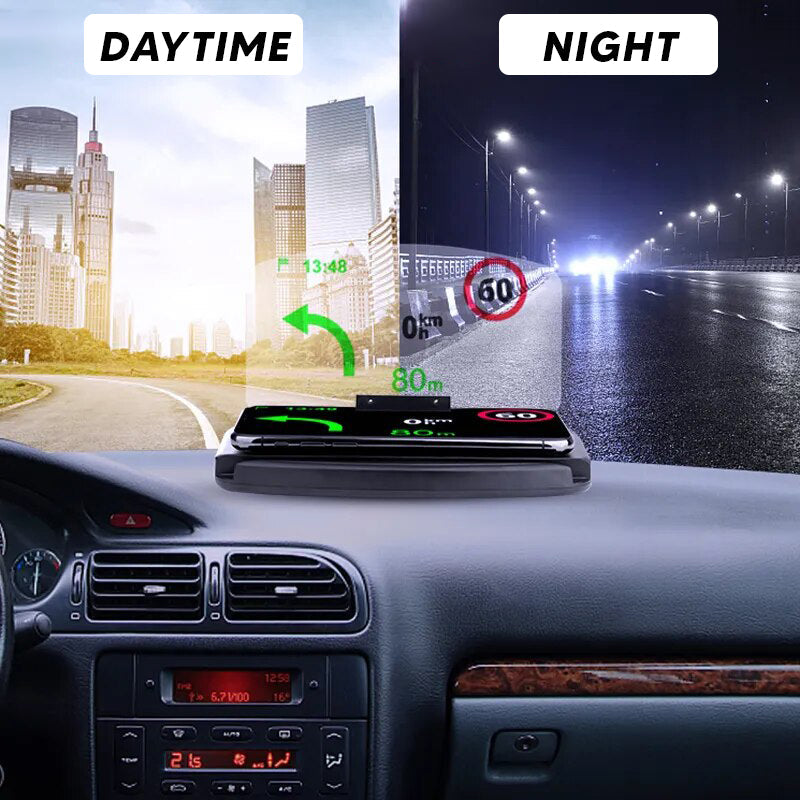 Zwarte auto telefoonhouder met HUD-display en draadloos snel opladen, gemonteerd op het dashboard voor veilig rijden.