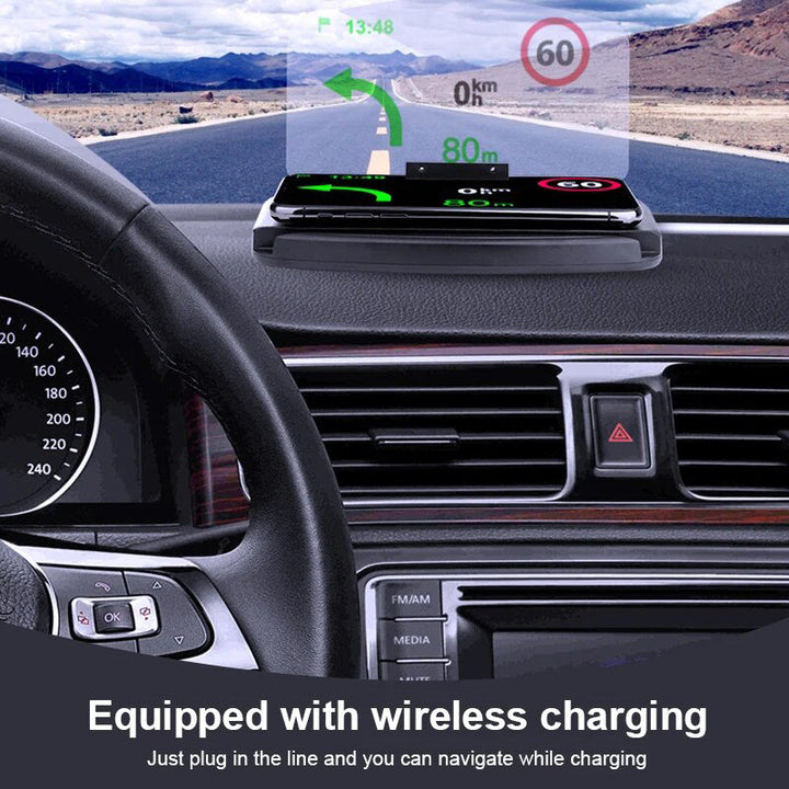 Zwarte auto telefoonhouder met HUD-display en draadloos snel opladen, gemonteerd op het dashboard voor veilig rijden.