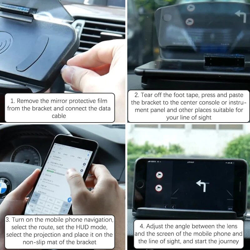 Zwarte auto telefoonhouder met HUD-display en draadloos snel opladen, gemonteerd op het dashboard voor veilig rijden.