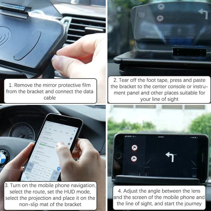 Zwarte auto telefoonhouder met HUD-display en draadloos snel opladen, gemonteerd op het dashboard voor veilig rijden.