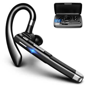 Zwarte Bluetooth 5.1 Headset met dubbele microfoon, flexibele oorhaak en draaibare microfoonarm voor comfortabel gebruik.