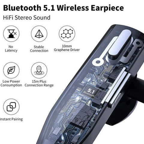 Zwarte Bluetooth 5.1 Headset met dubbele microfoon, flexibele oorhaak en draaibare microfoonarm voor comfortabel gebruik.